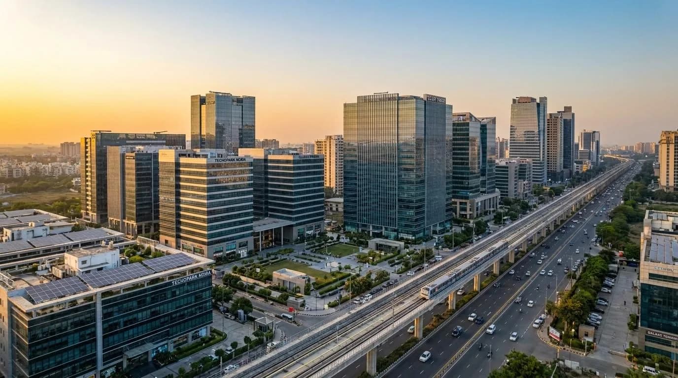 Wide angle aerial view of Noida commercial skyline in 2026  showing Grade-A glass office towers along Noida Expressway  at golden hour with Delhi Metro Aqua Line tracks corporate  campuses and landscaped plazas representing the city as  India's smartest commercial property investment destination