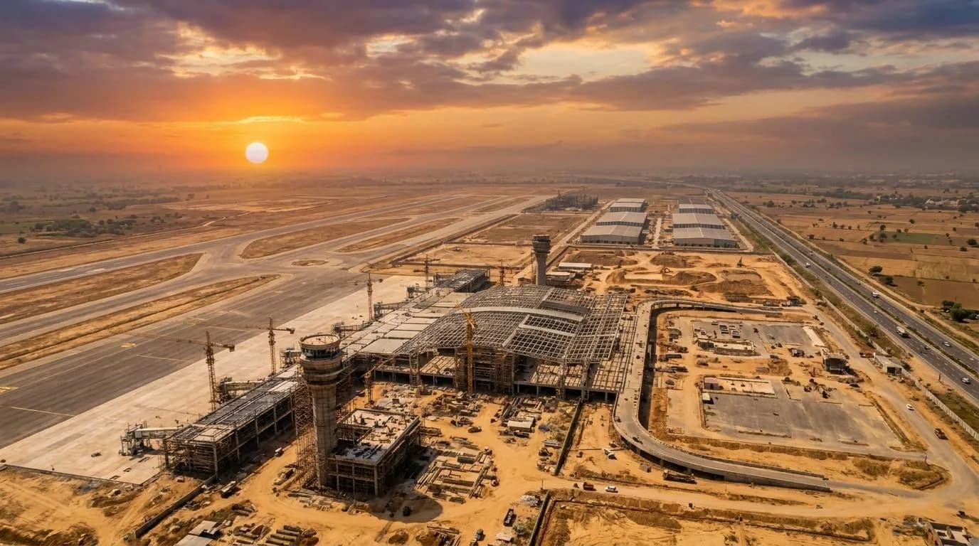 Cinematic aerial photograph of Noida International Airport at  Jewar under active construction showing runway structures terminal  buildings logistics warehouses in surrounding zones and Yamuna  Expressway in background with construction cranes at golden hour  representing the commercial real estate boom in Delhi NCR