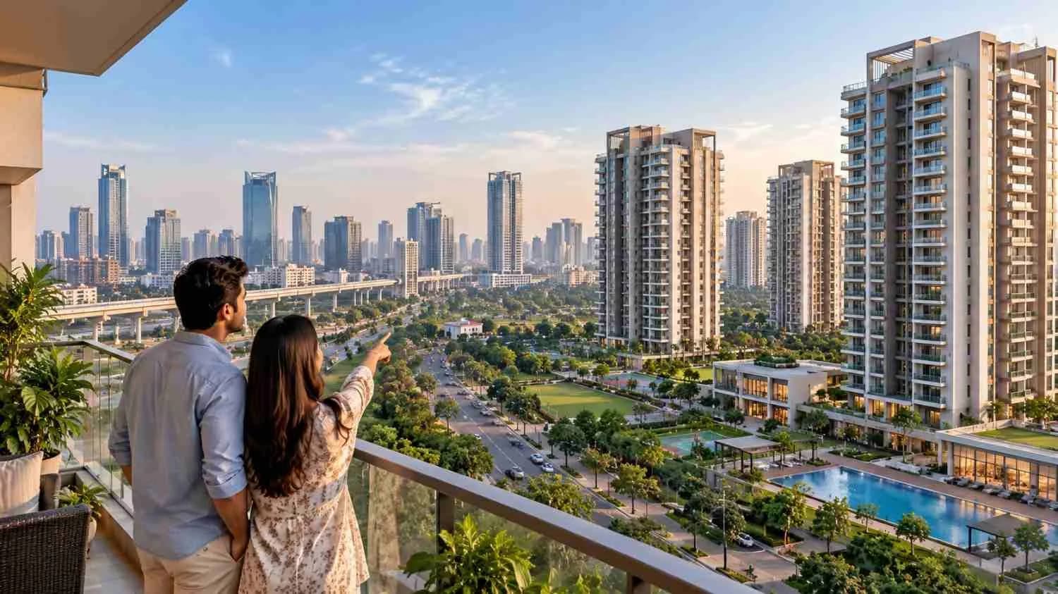 Delhi NCR residential property market featuring modern apartments and high-rise developments in Noida and Gurugram, illustrating property investment opportunities in 2026 by PropertyGuideOnline.